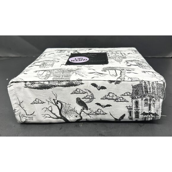 CYNTHIA ROWLEY QUEEN SHEET SET Halloween Toile Haunted House Cemetery Bats NEW - Picture 5 of 7